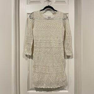 Cream Lace Knit Sweater Dress Gold Glitter Ivory Cherokee 3/4 Sleeve